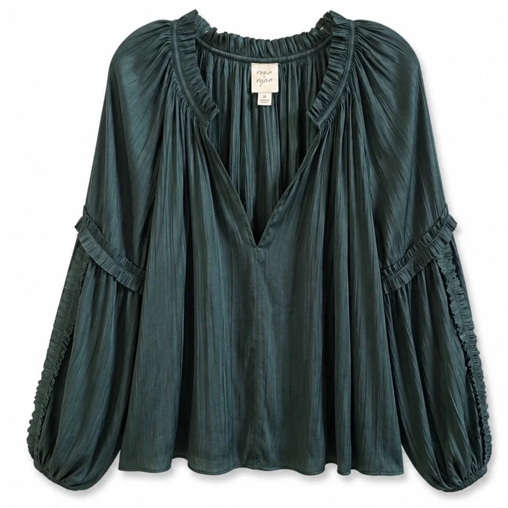 Roan + Ryan Dark Green Plissé Peasant Blouse Romantic Boho Fairy Core Top M - Picture 2 of 6